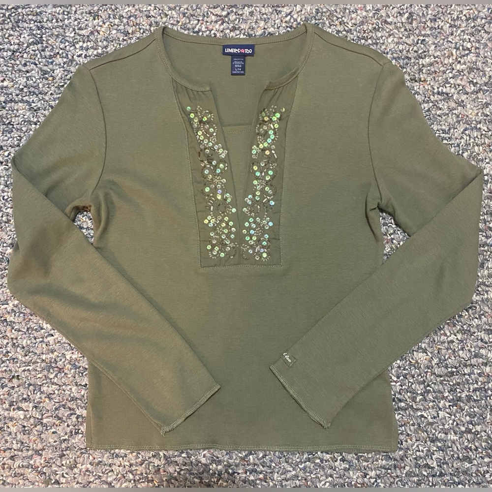 Limited Too Embellished Olive Green Long Sleeve Top, NWOT never worn
